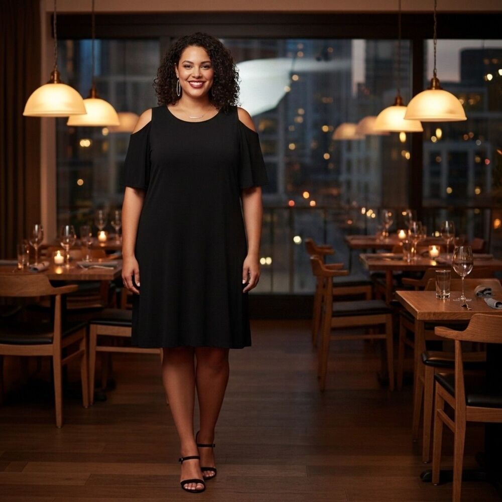 Chico's Black Cold Shoulder Draped Neck Dress Stretch Size 16-18 LBD